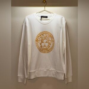 Versace White Crewneck with Gold Medusa Embroidery